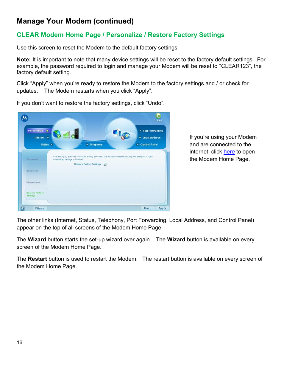 Clear, Odem, Ersonalize | Estore, Actory, Ettings, Manage your modem (continued) | CLEAR Modem M Series User Guide User Manual | Page 17 / 34