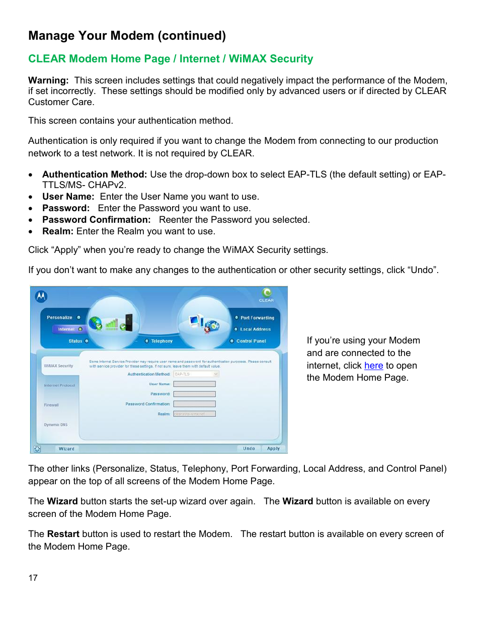Clear, Odem, Nternet | Ecurity, Manage your modem (continued) | CLEAR Modem M Series User Guide User Manual | Page 18 / 34