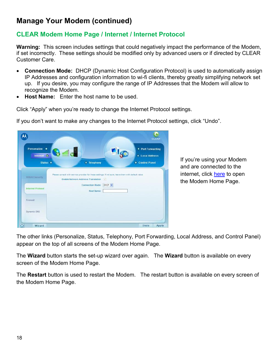 Clear, Odem, Nternet | Rotocol, Manage your modem (continued) | CLEAR Modem M Series User Guide User Manual | Page 19 / 34