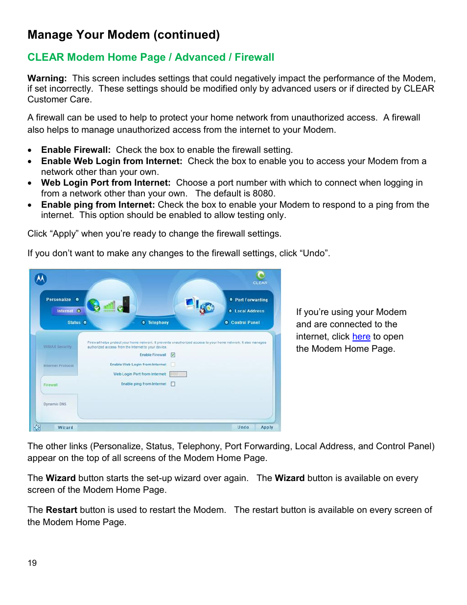Clear, Odem, Dvanced | Irewall, Manage your modem (continued) | CLEAR Modem M Series User Guide User Manual | Page 20 / 34
