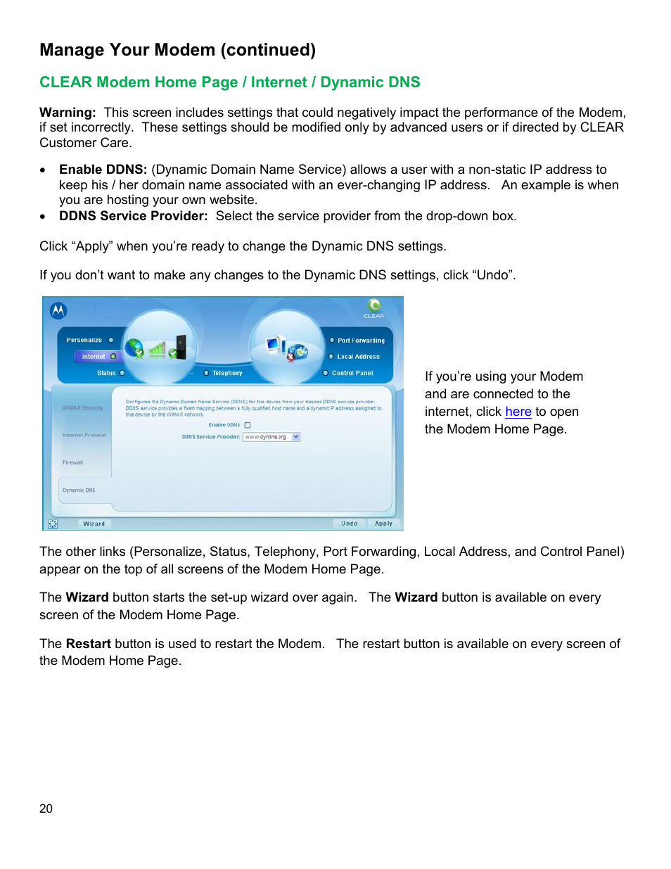 Clear, Odem, Nternet | Ynamic, Manage your modem (continued) | CLEAR Modem M Series User Guide User Manual | Page 21 / 34