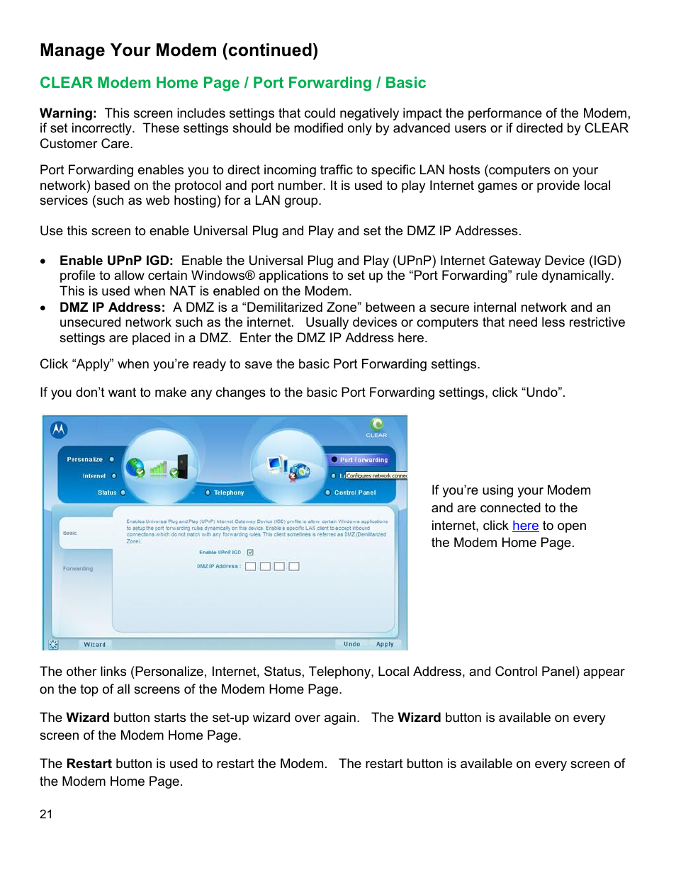 Clear, Odem, Orwarding | Asic, Manage your modem (continued) | CLEAR Modem M Series User Guide User Manual | Page 22 / 34