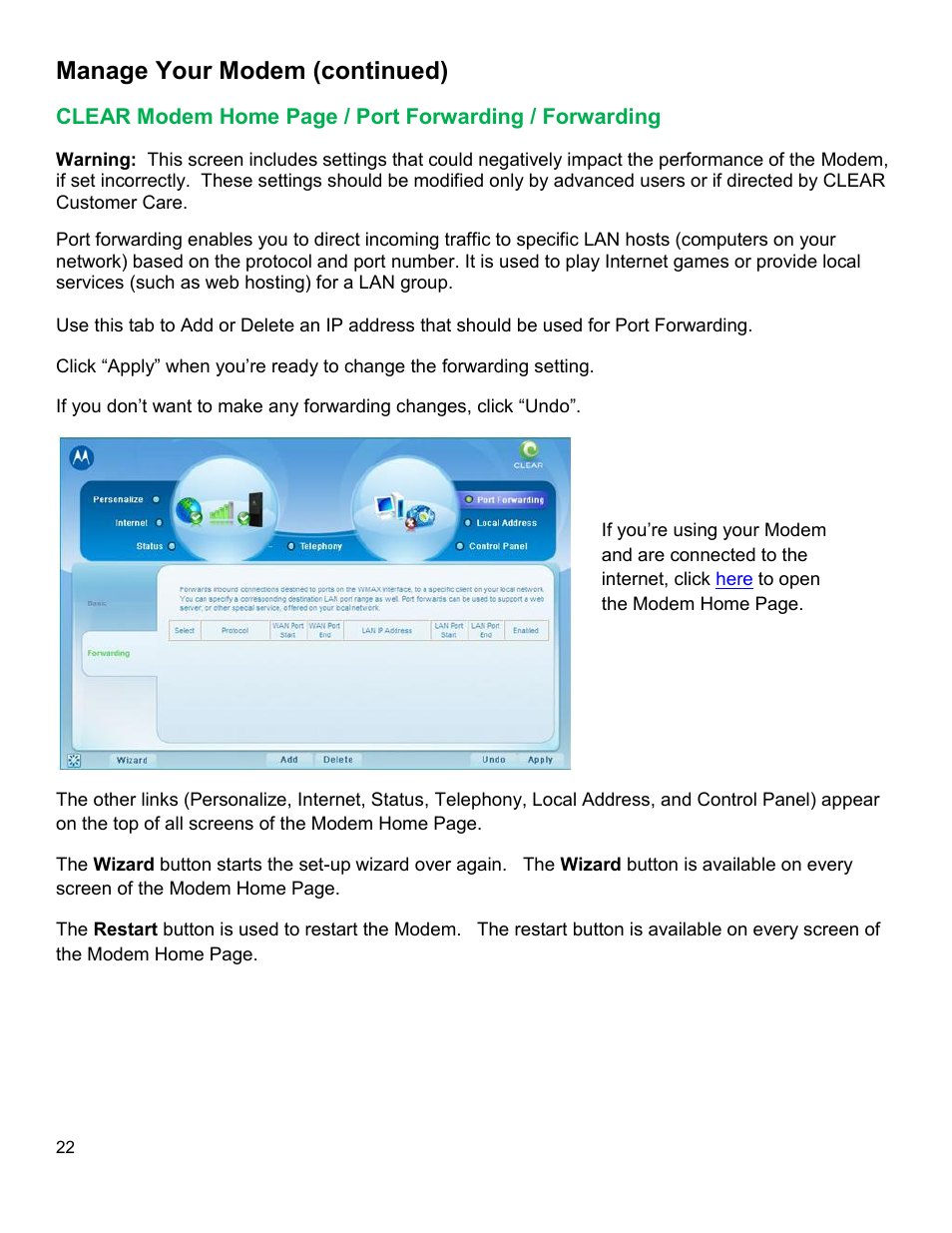 Clear, Odem, Orwarding | Manage your modem (continued) | CLEAR Modem M Series User Guide User Manual | Page 23 / 34