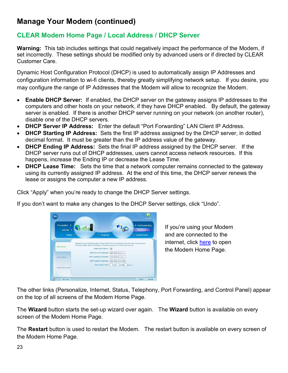 Clear, Odem, Ocal | Ddress, Dhcp, Erver, Manage your modem (continued) | CLEAR Modem M Series User Guide User Manual | Page 24 / 34