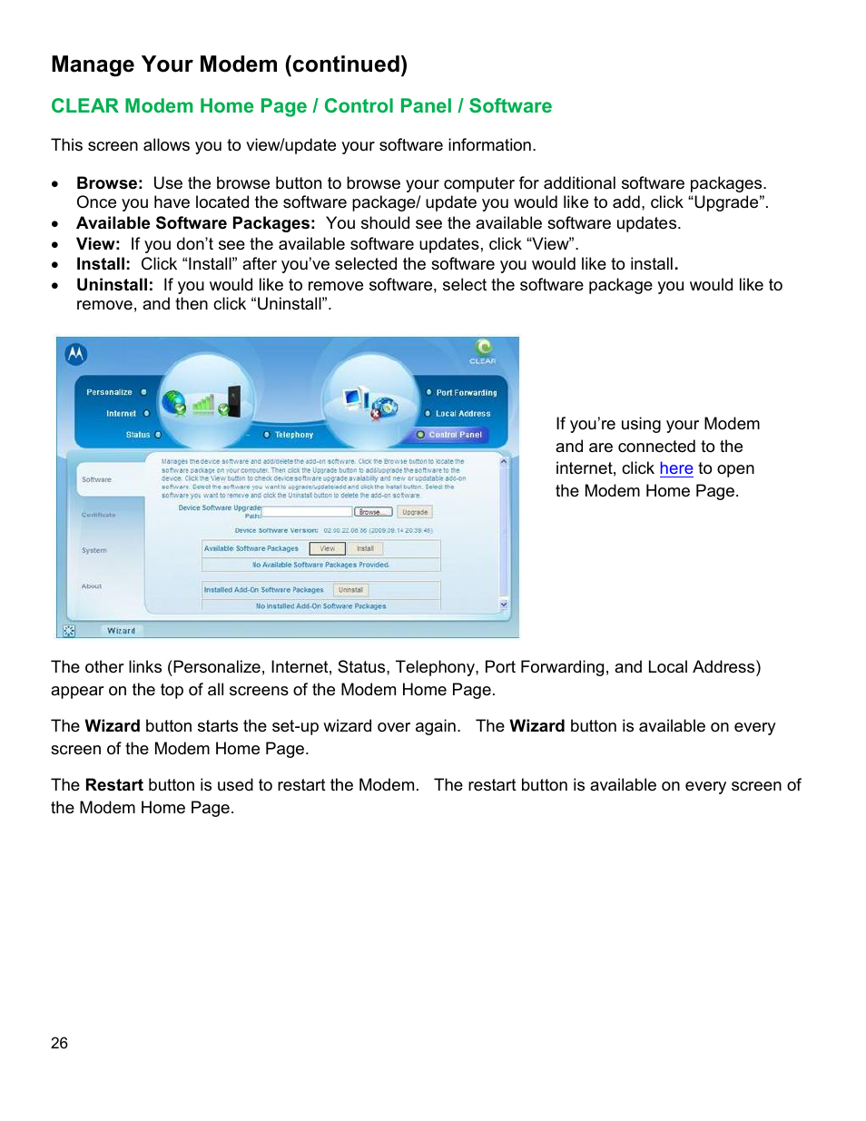 Clear, Odem, Ontrol | Anel, Oftware, Manage your modem (continued) | CLEAR Modem M Series User Guide User Manual | Page 27 / 34