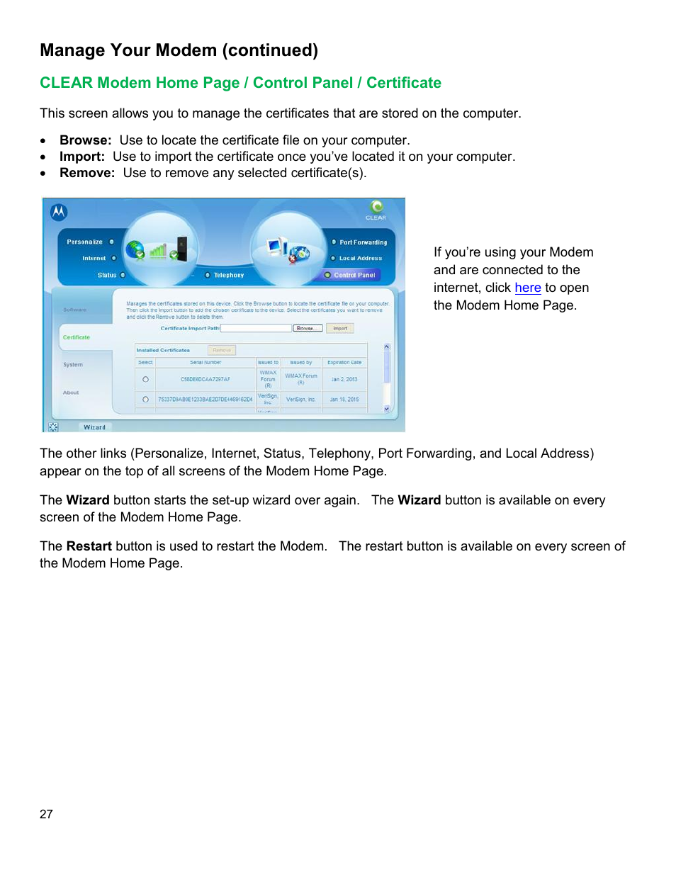Clear, Odem, Ontrol | Anel, Ertificate, Manage your modem (continued) | CLEAR Modem M Series User Guide User Manual | Page 28 / 34