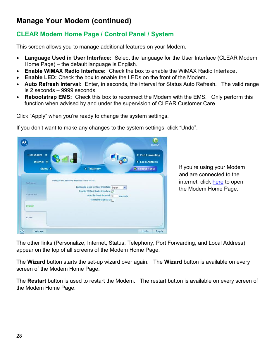 Clear, Odem, Ontrol | Anel, Ystem, Manage your modem (continued) | CLEAR Modem M Series User Guide User Manual | Page 29 / 34