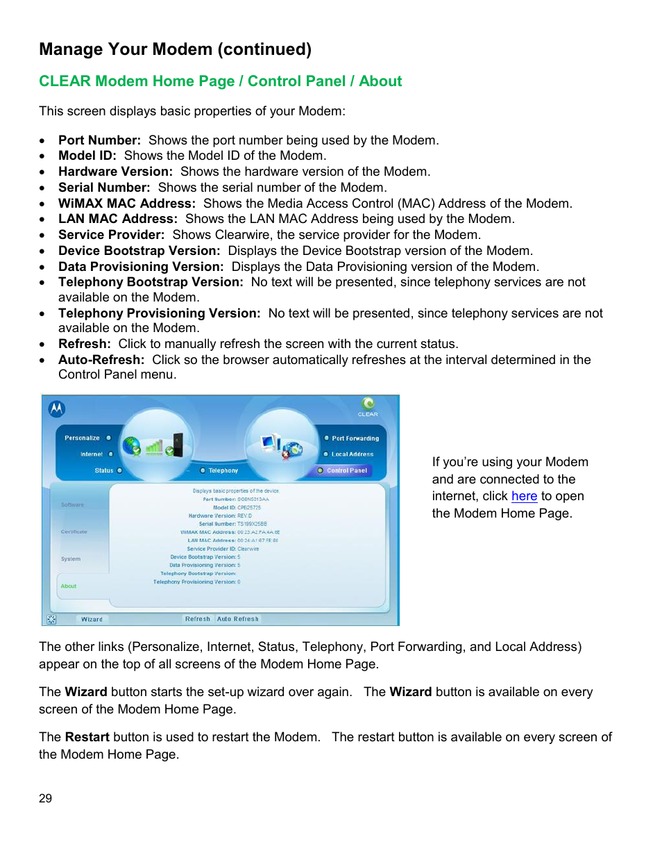 Clear, Odem, Ontrol | Anel, Bout, Manage your modem (continued) | CLEAR Modem M Series User Guide User Manual | Page 30 / 34