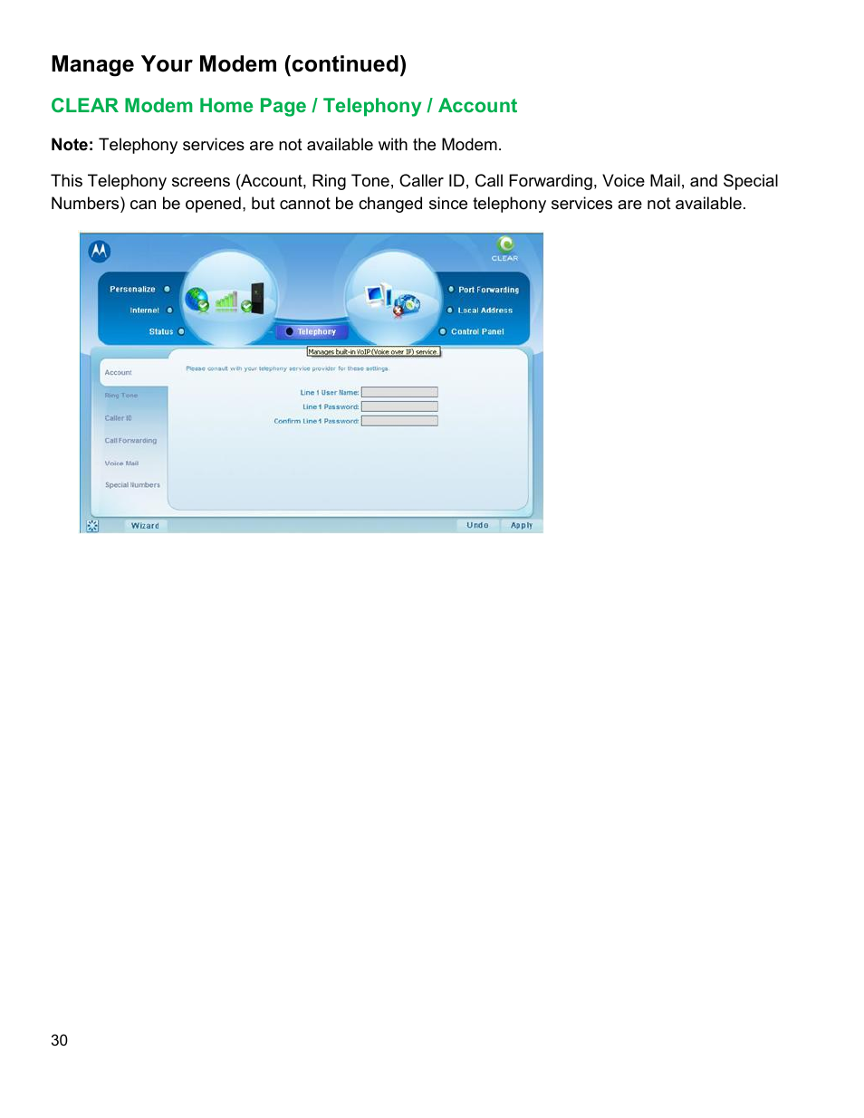 Clear, Odem, Elephony | Ccount, Manage your modem (continued) | CLEAR Modem M Series User Guide User Manual | Page 31 / 34