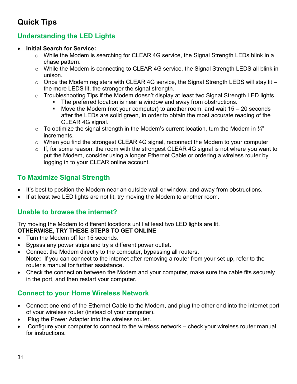 Quick tips, Nderstanding the, Ights | Aximize, Ignal, Trength, Nable to browse the internet, Onnect to your, Ireless, Etwork | CLEAR Modem M Series User Guide User Manual | Page 32 / 34