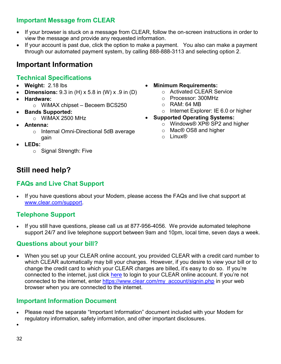 Mportant, Essage from, Clear | Important information, Echnical, Pecifications, Still need help, S and, Upport, Elephone | CLEAR Modem M Series User Guide User Manual | Page 33 / 34