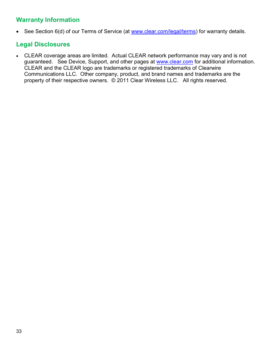 Arranty, Nformation, Egal | Isclosures | CLEAR Modem M Series User Guide User Manual | Page 34 / 34