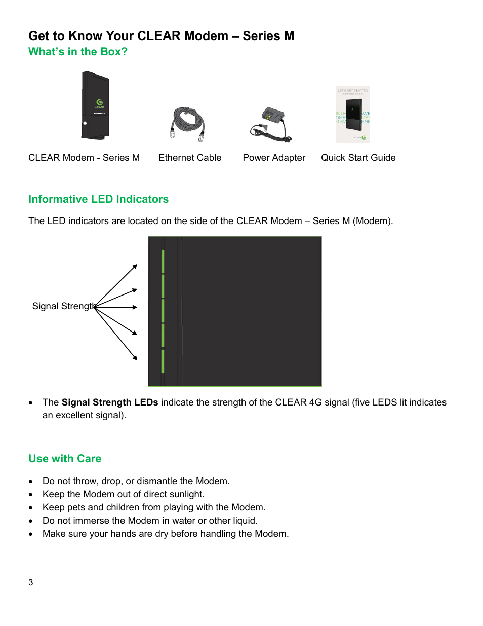 Get to know your clear modem – series m, S in the, Nformative | Ndicators, Se with | CLEAR Modem M Series User Guide User Manual | Page 4 / 34