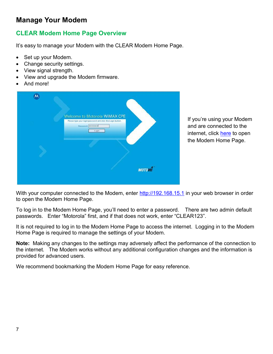 Manage your modem, Clear, Odem | Verview | CLEAR Modem M Series User Guide User Manual | Page 8 / 34