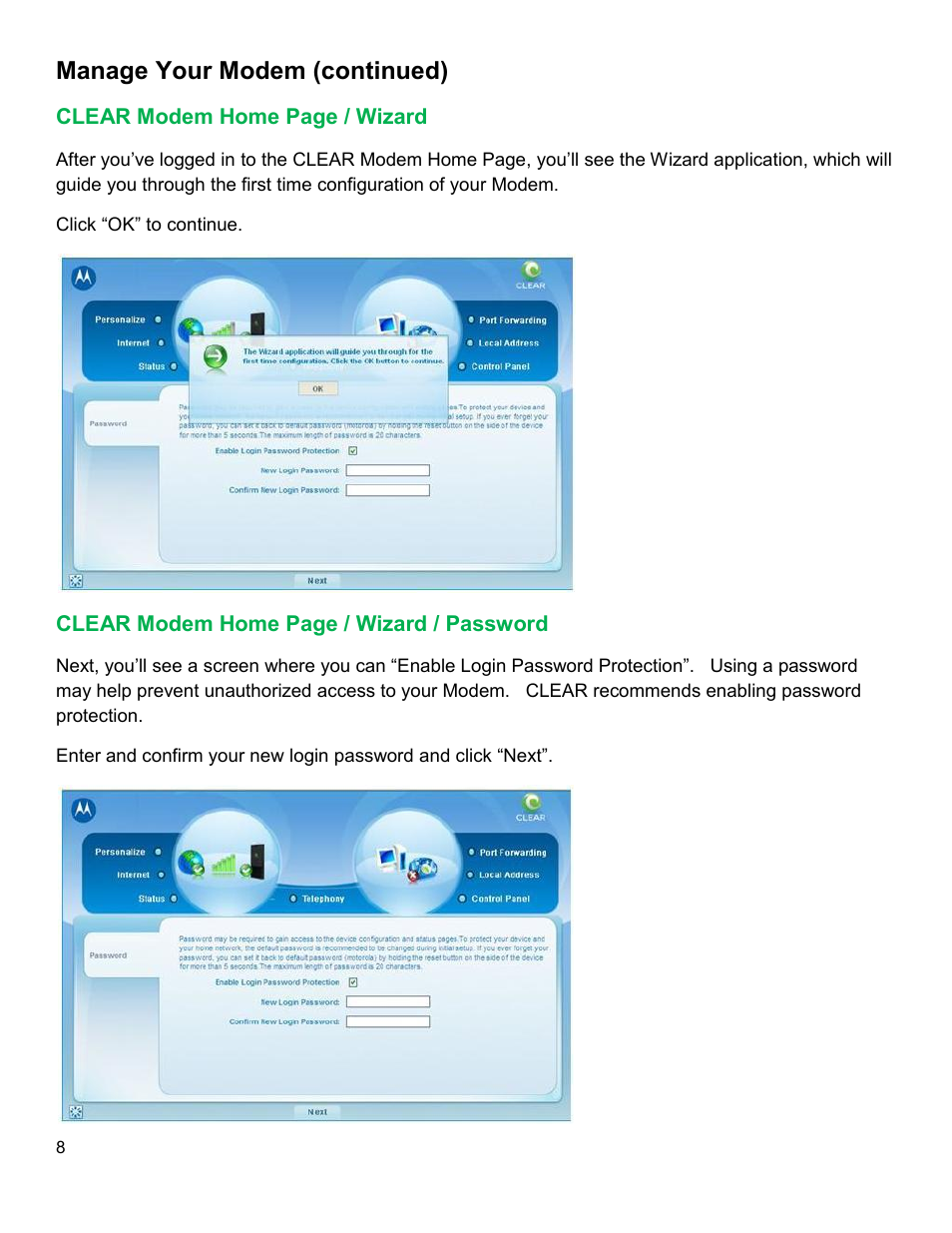 Clear, Odem, Izard | Assword, Manage your modem (continued) | CLEAR Modem M Series User Guide User Manual | Page 9 / 34
