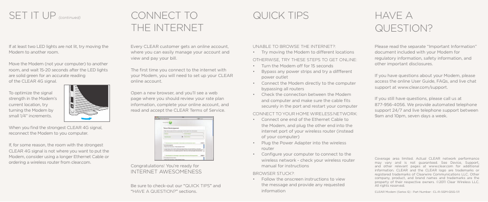 Set it up, Connect to the internet, Have a question | Quick tips | CLEAR Modem G Series Quick Start User Manual | Page 2 / 2