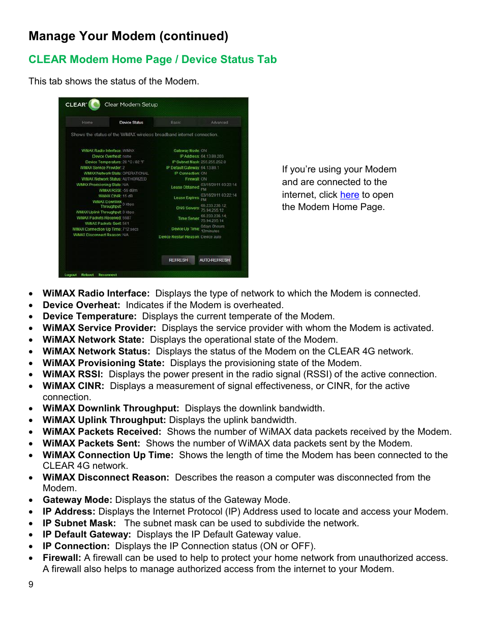 Clear, Odem, Evice | Tatus, Manage your modem (continued) | CLEAR Modem G Series User Guide User Manual | Page 10 / 28
