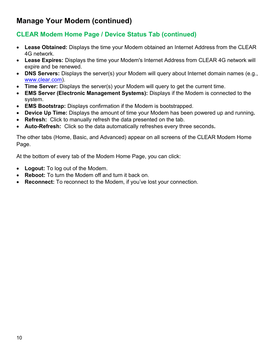 Clear, Odem, Evice | Tatus, Continued, Manage your modem (continued) | CLEAR Modem G Series User Guide User Manual | Page 11 / 28