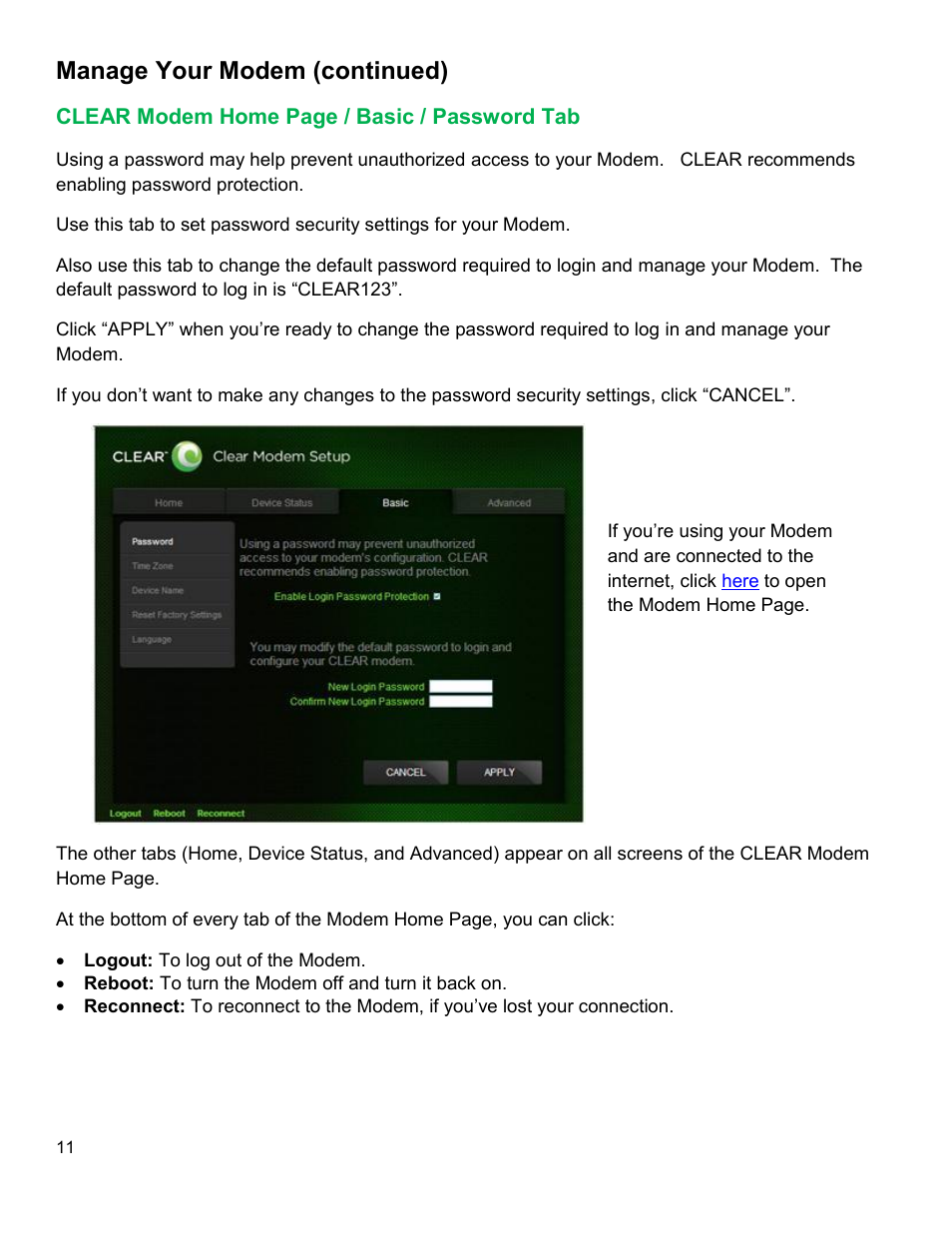 Clear, Odem, Asic | Assword, Manage your modem (continued) | CLEAR Modem G Series User Guide User Manual | Page 12 / 28