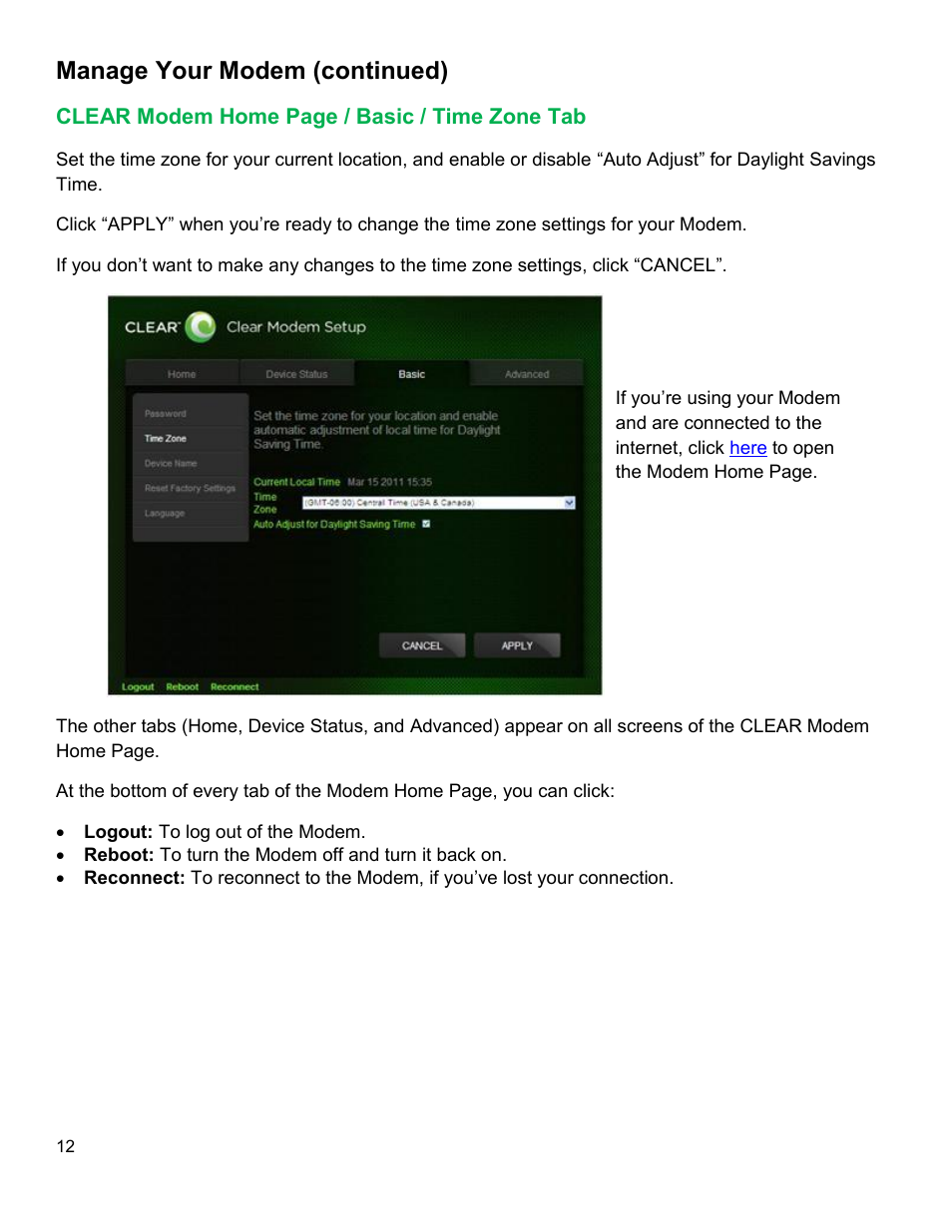 Clear, Odem, Asic | Manage your modem (continued) | CLEAR Modem G Series User Guide User Manual | Page 13 / 28