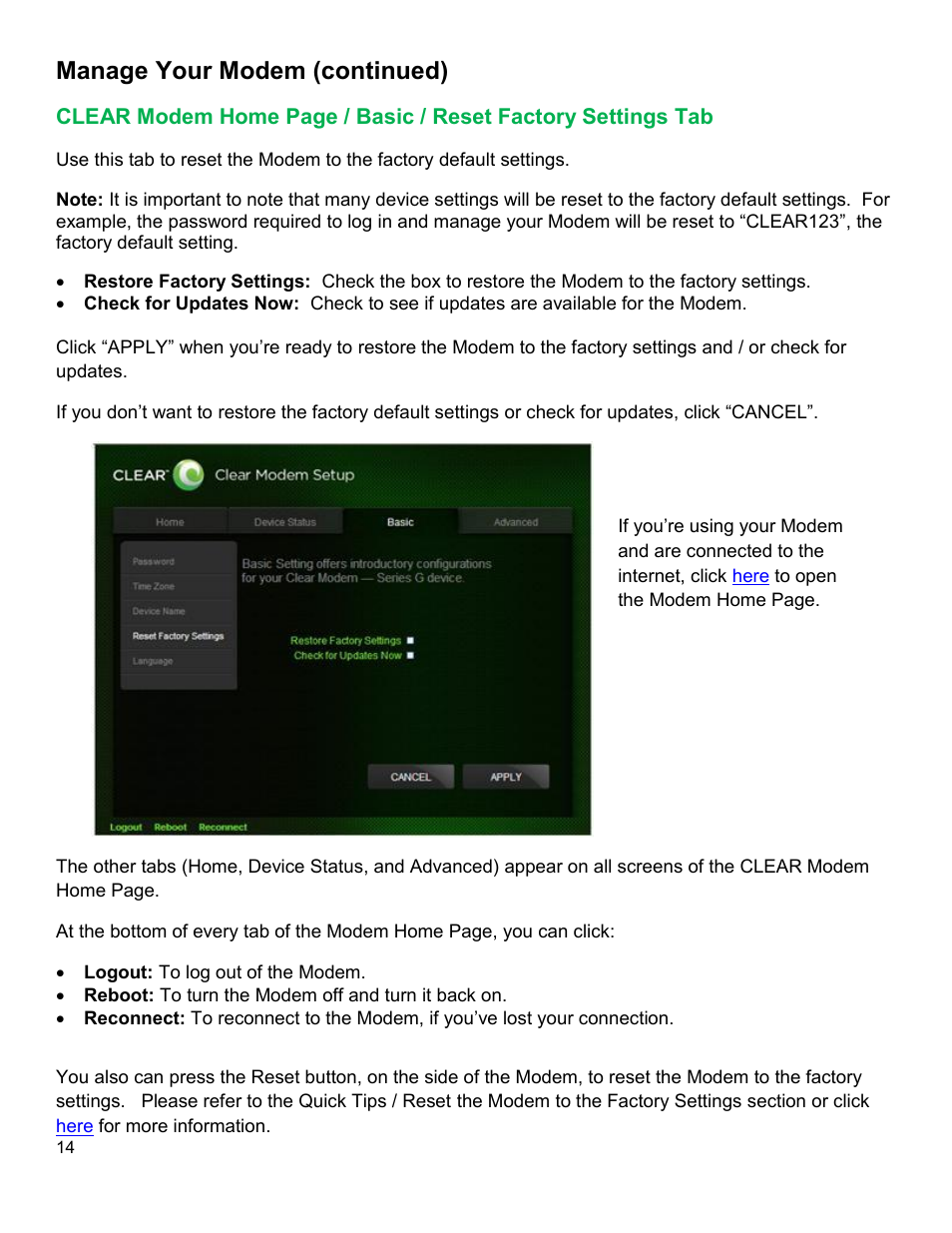 Clear, Odem, Asic | Eset, Actory, Ettings, Manage your modem (continued) | CLEAR Modem G Series User Guide User Manual | Page 15 / 28