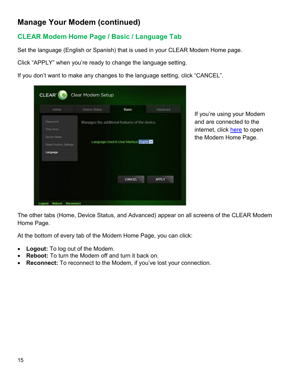 Clear, Odem, Asic | Anguage, Manage your modem (continued) | CLEAR Modem G Series User Guide User Manual | Page 16 / 28
