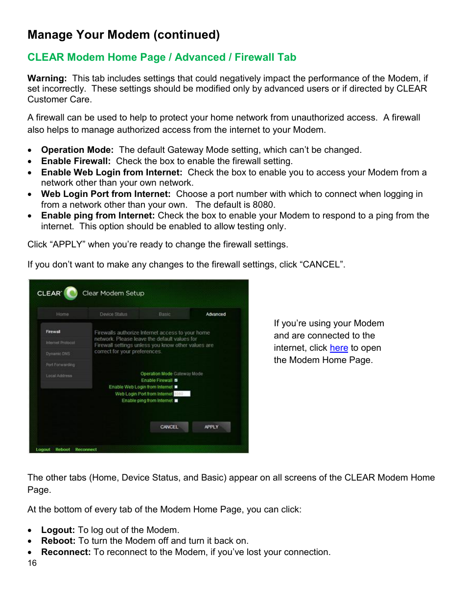 Clear, Odem, Dvanced | Irewall, Manage your modem (continued) | CLEAR Modem G Series User Guide User Manual | Page 17 / 28