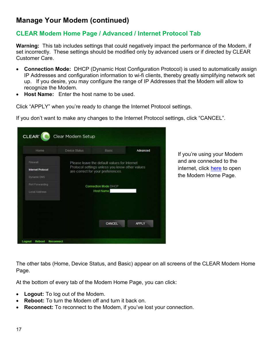 Clear, Odem, Dvanced | Nternet, Rotocol, Manage your modem (continued) | CLEAR Modem G Series User Guide User Manual | Page 18 / 28