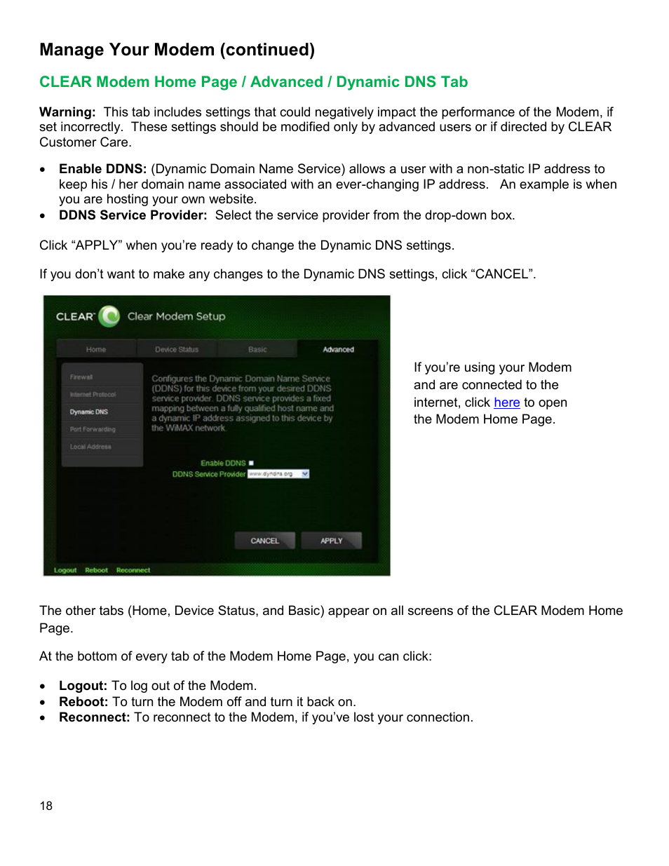 Clear, Odem, Dvanced | Ynamic, Manage your modem (continued) | CLEAR Modem G Series User Guide User Manual | Page 19 / 28