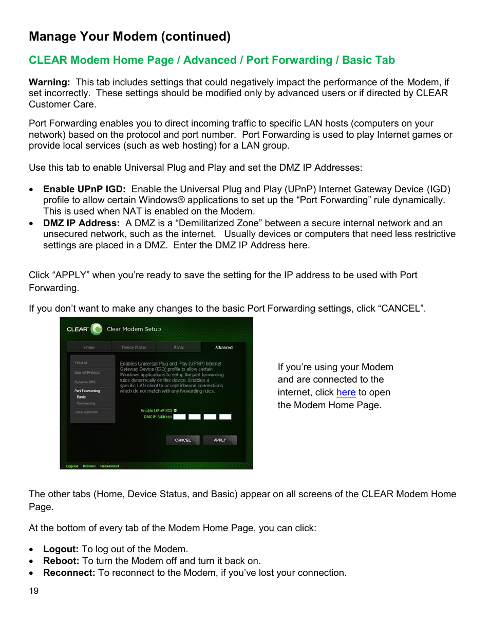 Clear, Odem, Dvanced | Orwarding, Asic, Manage your modem (continued) | CLEAR Modem G Series User Guide User Manual | Page 20 / 28