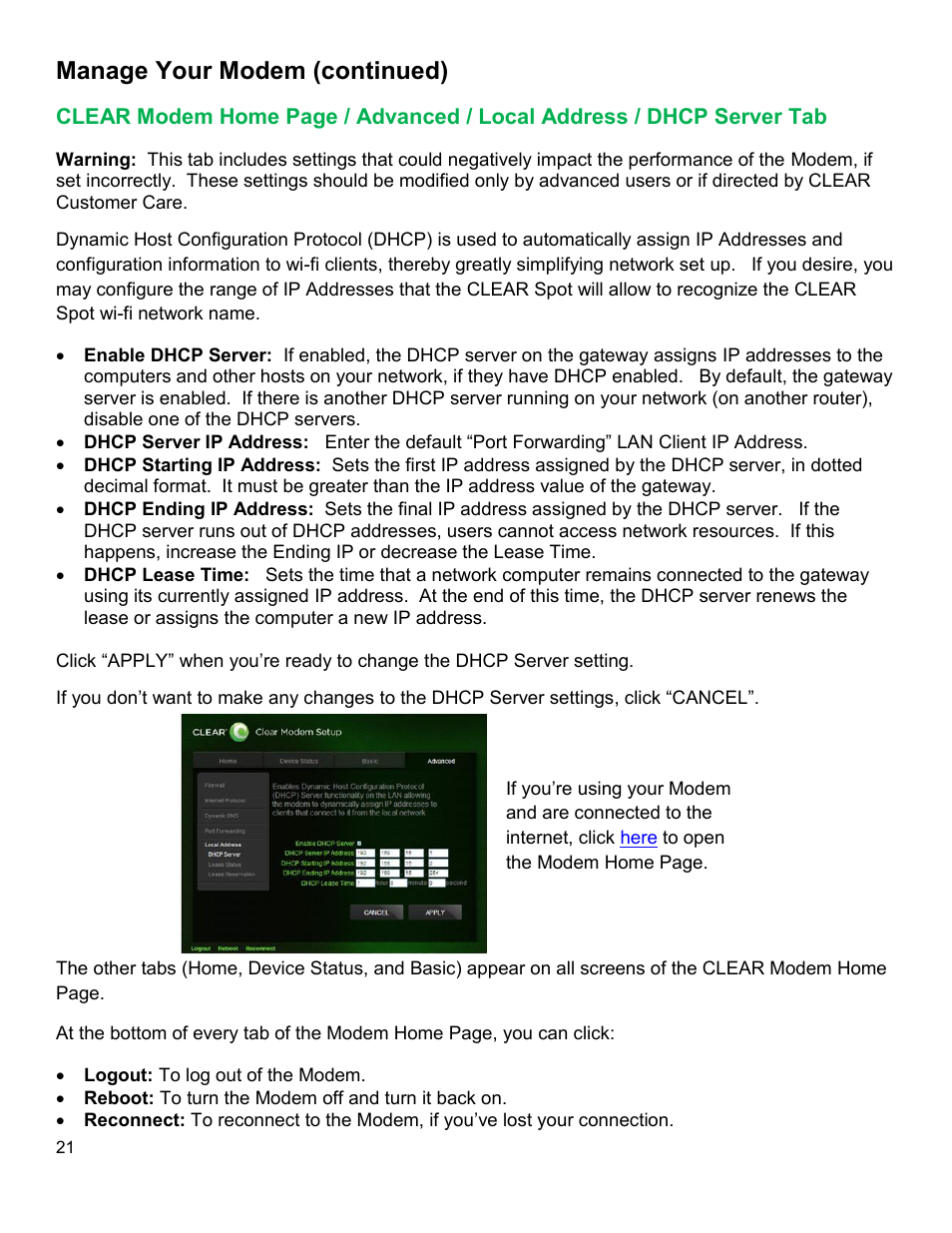 Clear, Odem, Dvanced | Ocal, Ddress, Dhcp, Erver, Manage your modem (continued) | CLEAR Modem G Series User Guide User Manual | Page 22 / 28