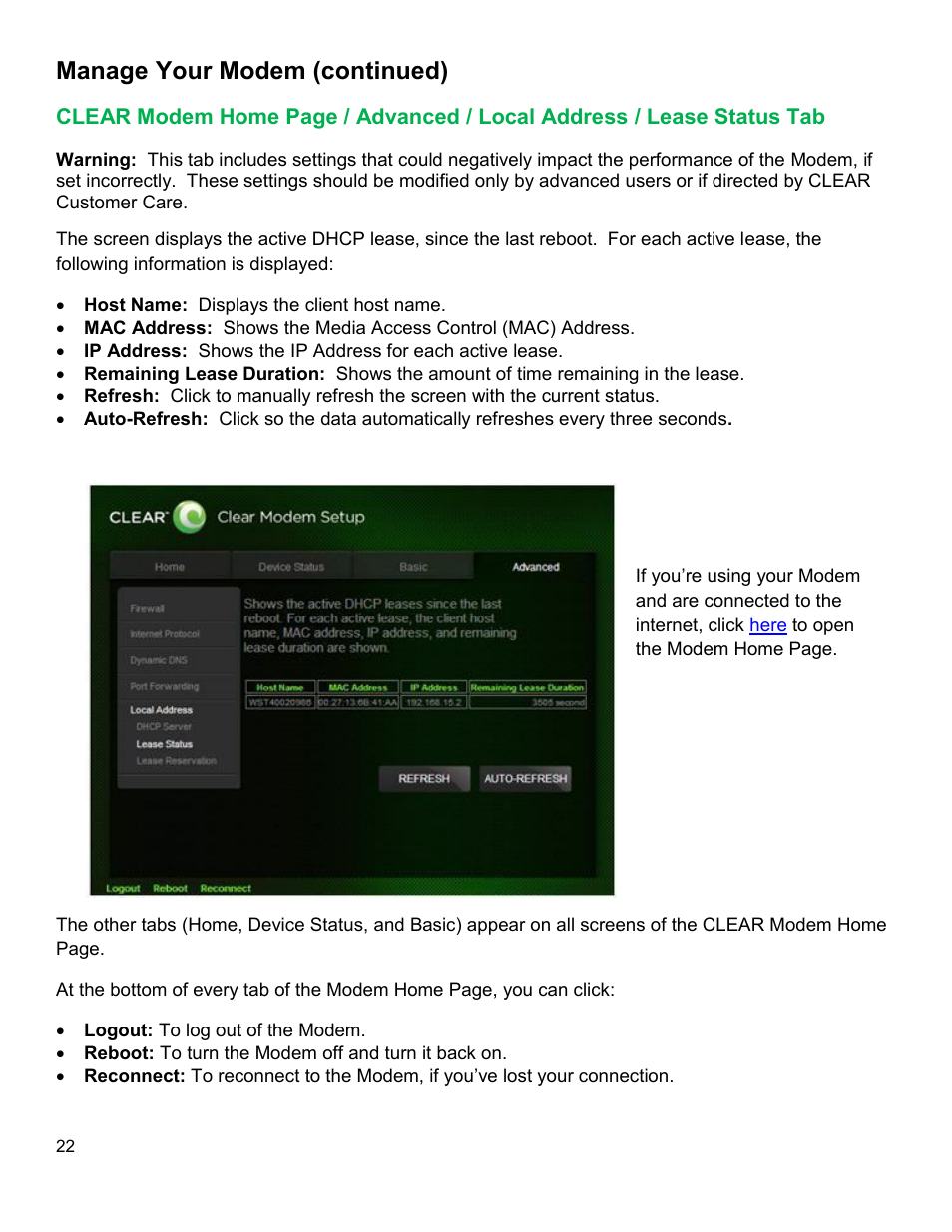Clear, Odem, Dvanced | Ocal, Ddress, Ease, Tatus, Manage your modem (continued) | CLEAR Modem G Series User Guide User Manual | Page 23 / 28