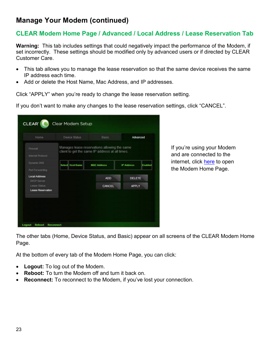 Clear, Odem, Dvanced | Ocal, Ddress, Ease, Eservation, Manage your modem (continued) | CLEAR Modem G Series User Guide User Manual | Page 24 / 28