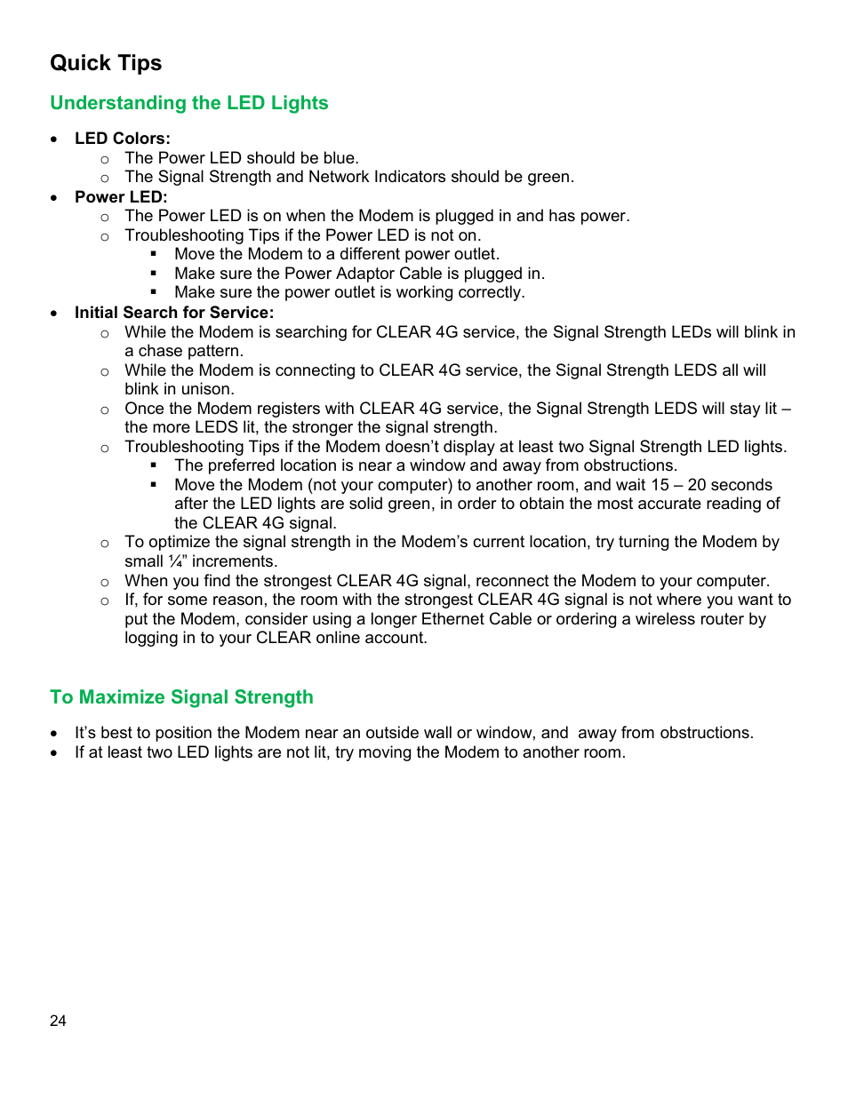 Quick tips, Nderstanding the, Ights | Aximize, Ignal, Trength | CLEAR Modem G Series User Guide User Manual | Page 25 / 28