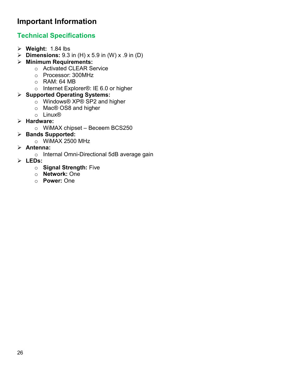 Important information, Echnical, Pecifications | CLEAR Modem G Series User Guide User Manual | Page 27 / 28