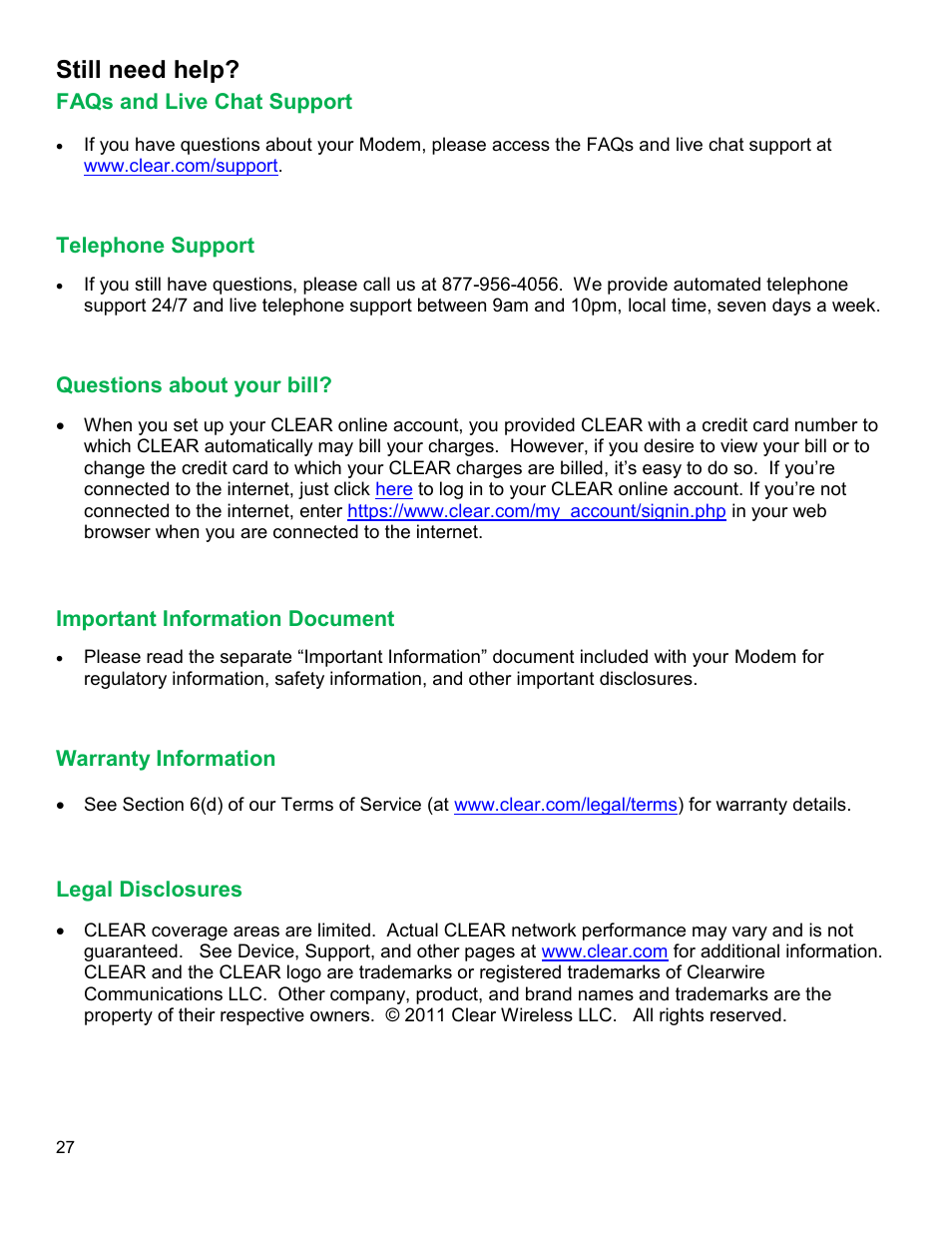 Still need help, S and, Upport | Elephone, Uestions about your bill, Mportant, Nformation, Ocument, Arranty, Egal | CLEAR Modem G Series User Guide User Manual | Page 28 / 28