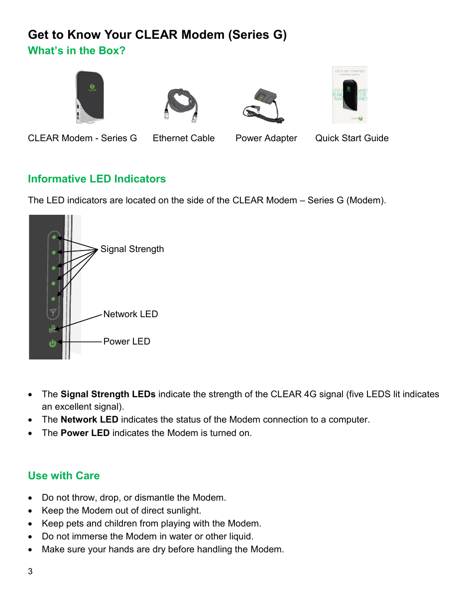 Get to know your clear modem (series g), S in the, Nformative | Ndicators, Se with | CLEAR Modem G Series User Guide User Manual | Page 4 / 28