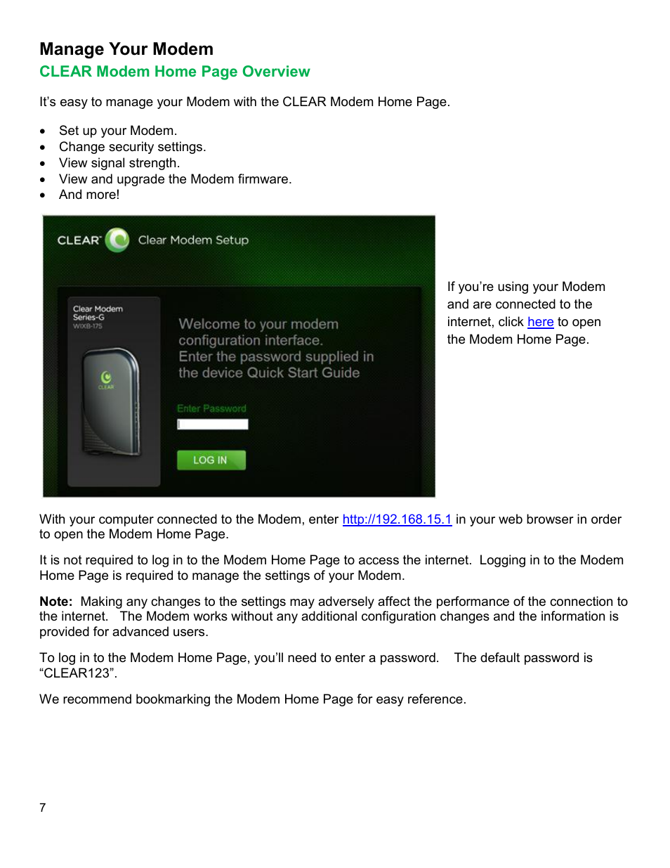 Manage your modem, Clear, Odem | Verview | CLEAR Modem G Series User Guide User Manual | Page 8 / 28