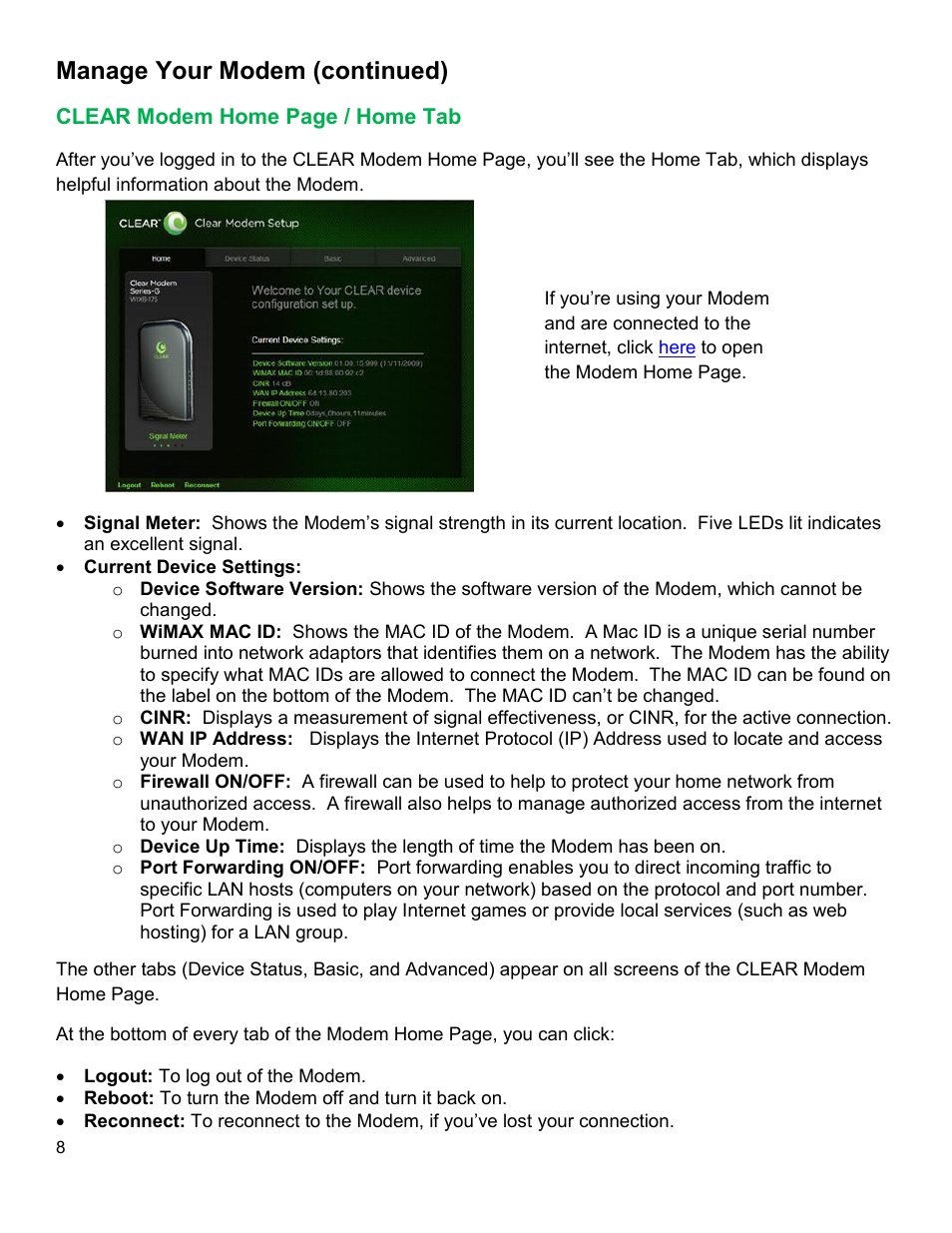 Clear, Odem, Manage your modem (continued) | CLEAR Modem G Series User Guide User Manual | Page 9 / 28