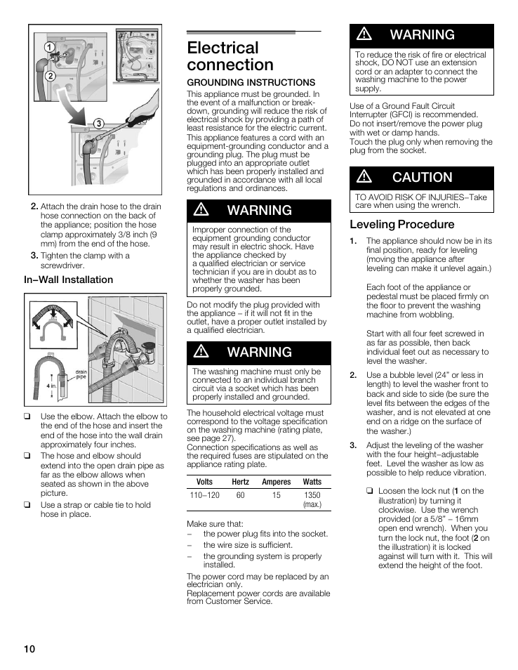 Electrical connection, Warning, Caution | Leveling procedure | Bosch maxx 800 Series User Manual | Page 10 / 96