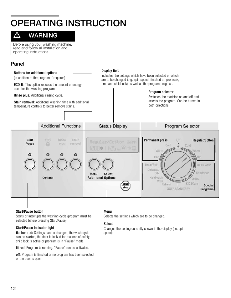 Operating instruction, Warning, Panel | Bosch maxx 800 Series User Manual | Page 12 / 96