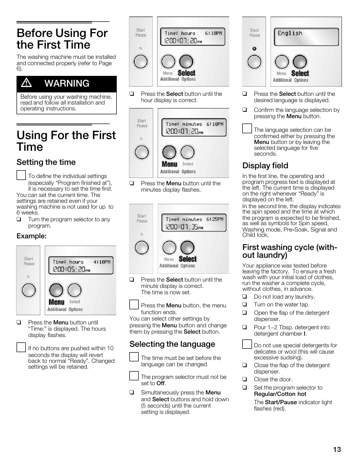 Before using for the first time, Using for the first time, Warning | Setting the time, Selecting the language, Display field, First washing cycle (withć out laundry) | Bosch maxx 800 Series User Manual | Page 13 / 96