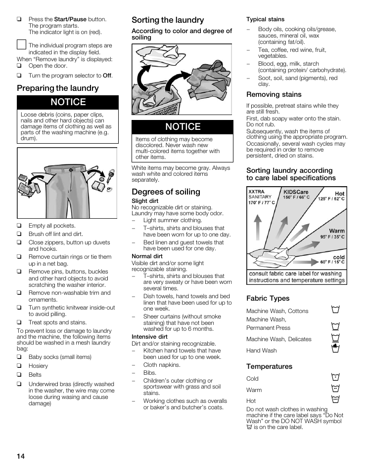 Notice, Preparing the laundry, Sorting the laundry | Degrees of soiling | Bosch maxx 800 Series User Manual | Page 14 / 96