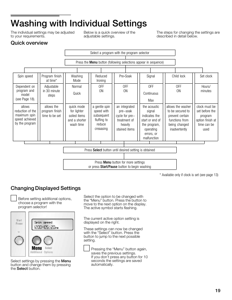 Washing with individual settings, Quick overview, Changing displayed settings | Bosch maxx 800 Series User Manual | Page 19 / 96