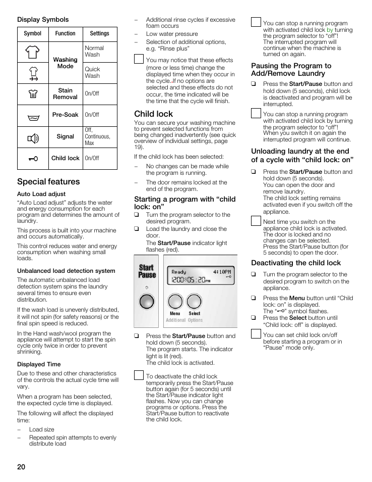 Special features, Child lock | Bosch maxx 800 Series User Manual | Page 20 / 96