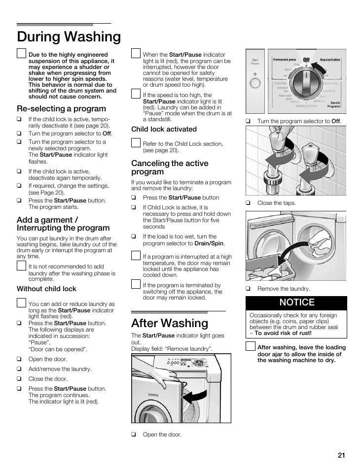 During washing, After washing, Notice | Rećselecting a program, Add a garment / interrupting the program, Canceling the active program | Bosch maxx 800 Series User Manual | Page 21 / 96