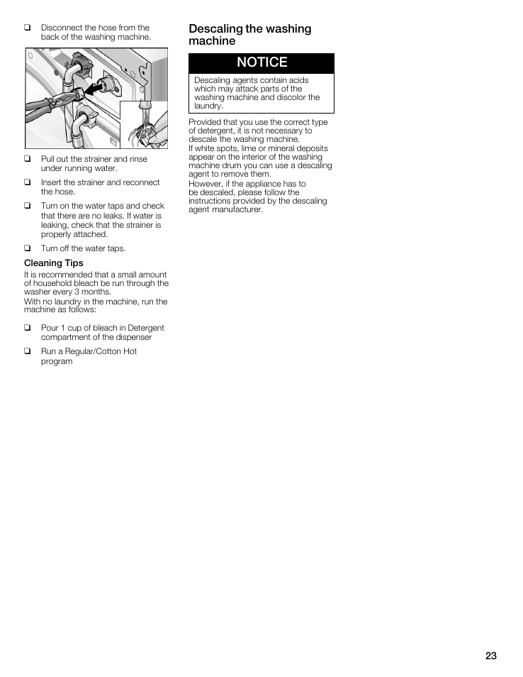 Notice, Descaling the washing machine | Bosch maxx 800 Series User Manual | Page 23 / 96