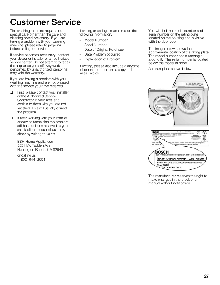 Customer service | Bosch maxx 800 Series User Manual | Page 27 / 96