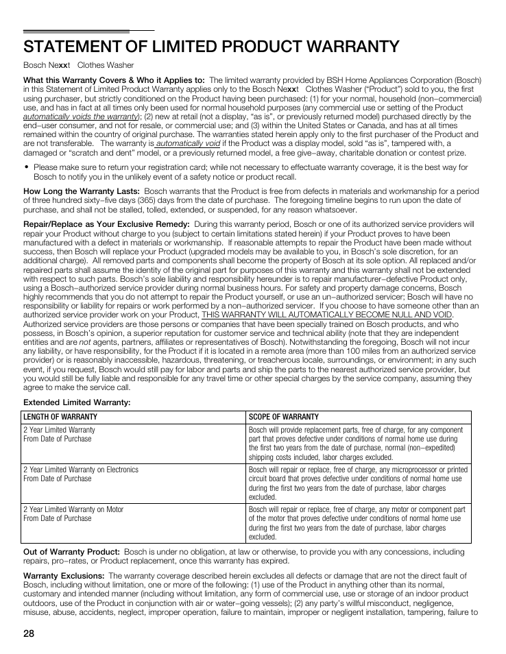 Statement of limited product warranty | Bosch maxx 800 Series User Manual | Page 28 / 96