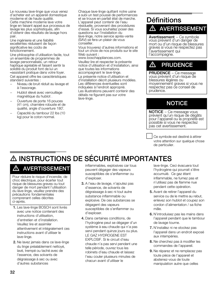 Définitions d, D instructions de sécurité importantes d, Avertissement | Prudence, Notice | Bosch maxx 800 Series User Manual | Page 32 / 96